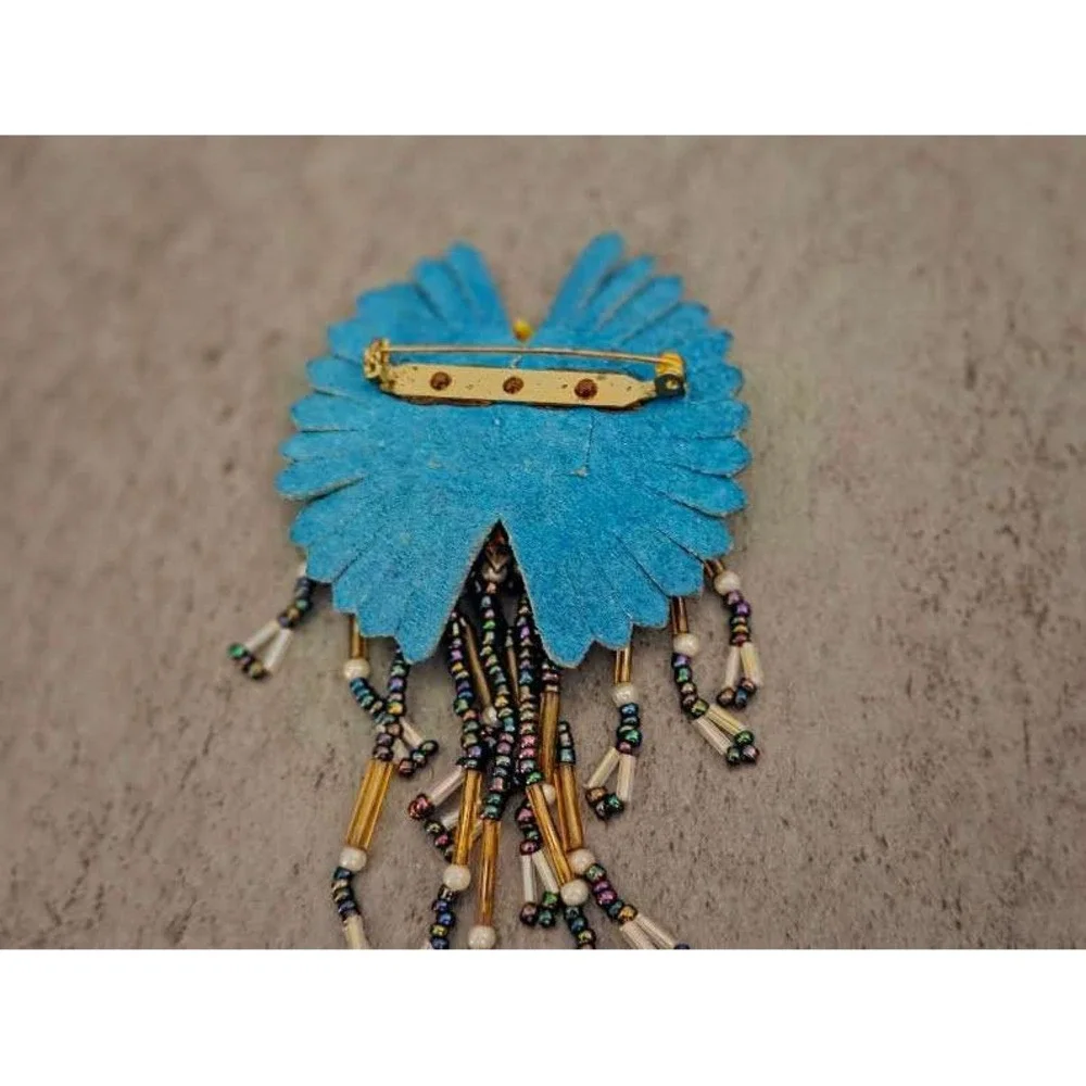 Handmade Beaded Fringe Brooch Abalone Shell Turquoise Suede Boho Statement Pin